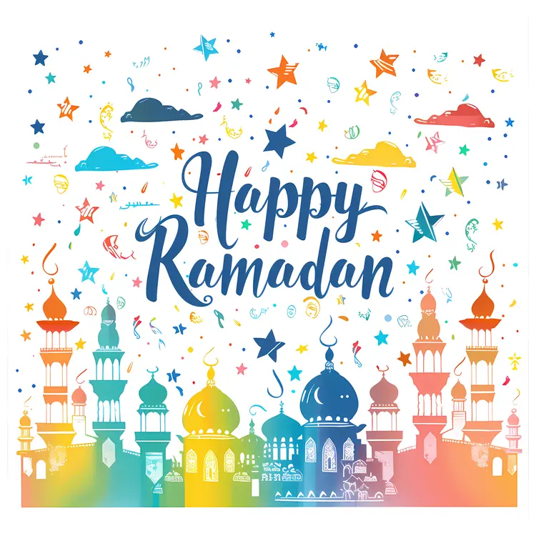 Colorful Happy Ramadan with Mosques and Stars