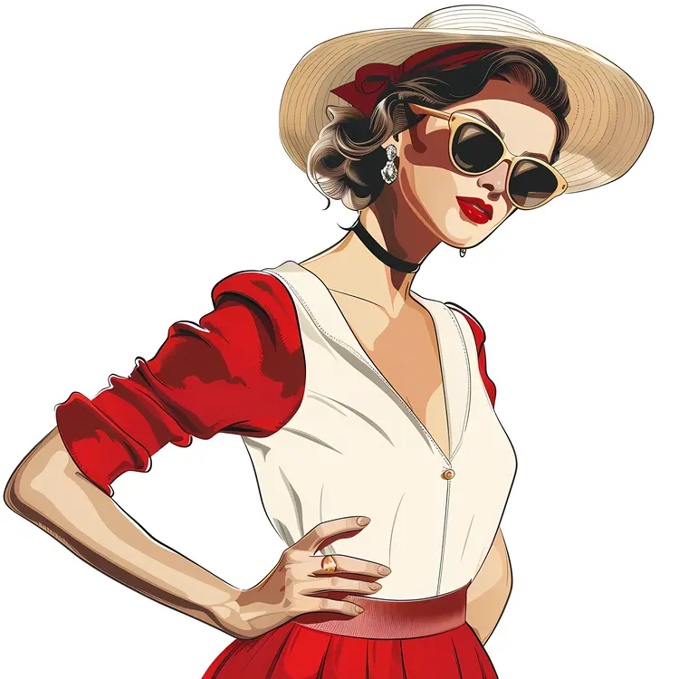 Vintage Woman in Red and White Dress Illustration