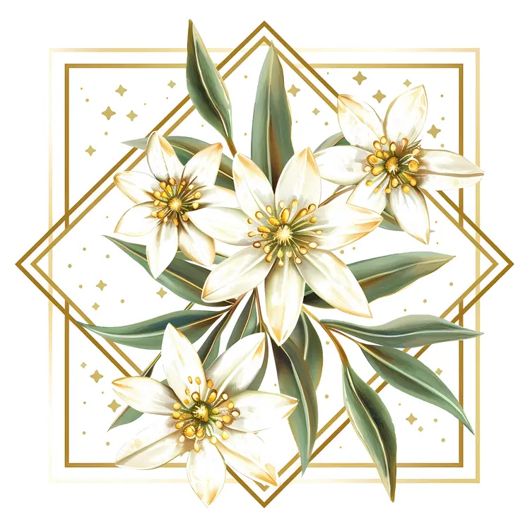 Artistic White Flowers with Green Leaves