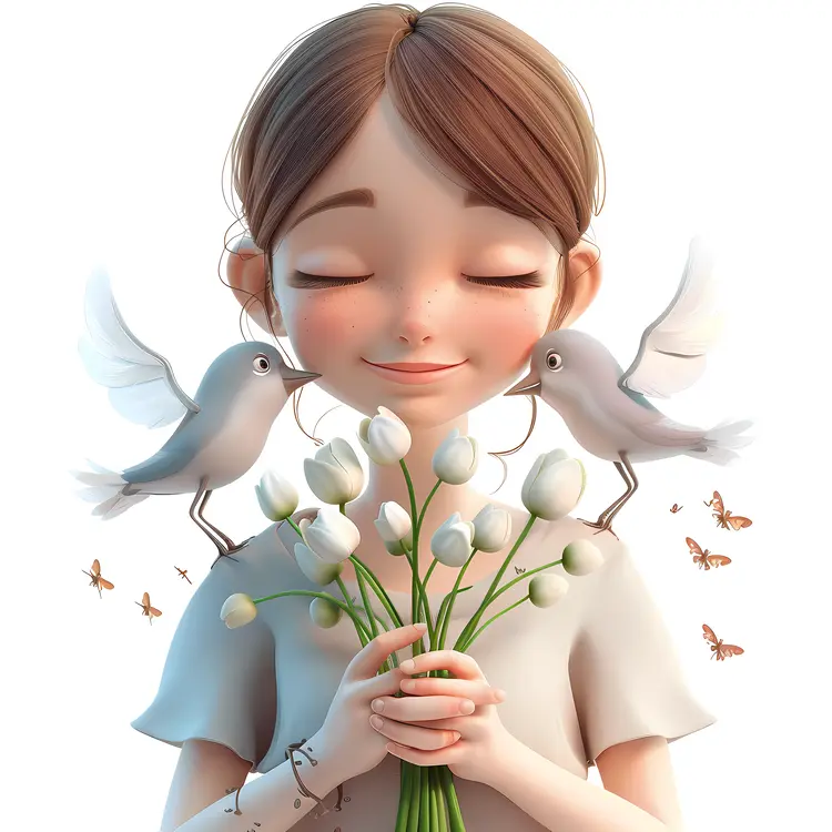 Cute Girl Holding Flowers with Birds