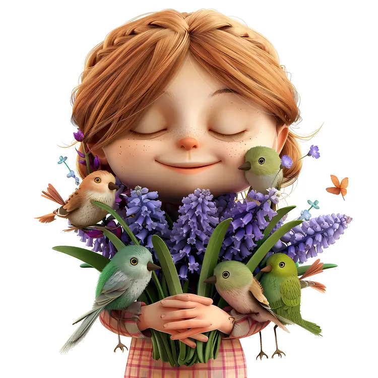Girl Holding Lavender with Birds