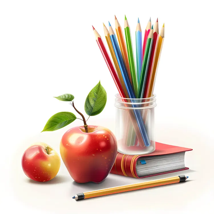 Red Apple with Pencils and Books