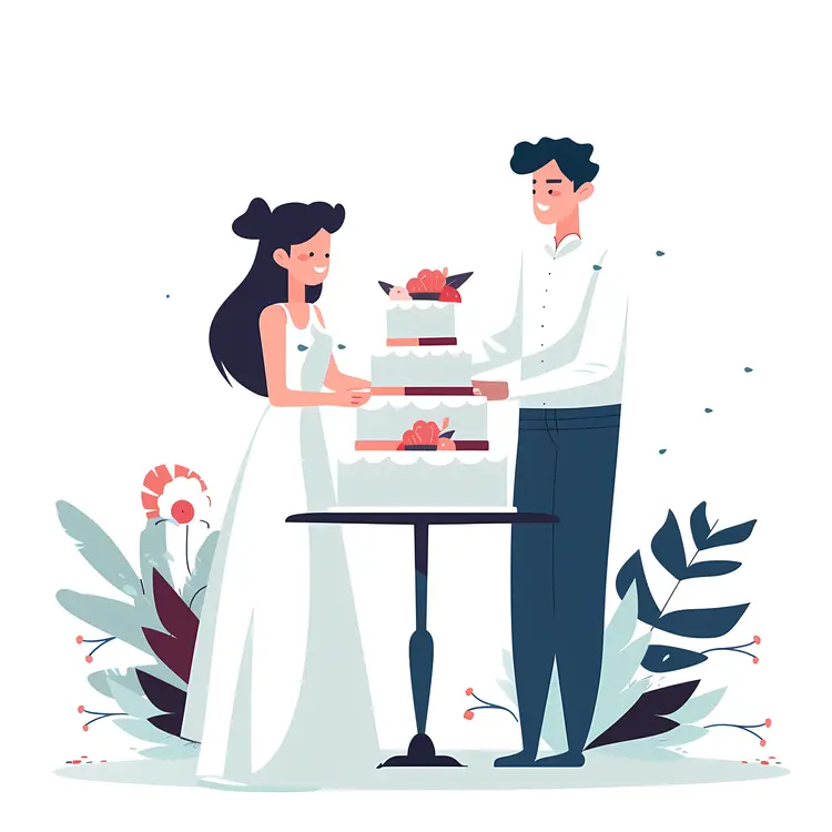 Bride and Groom with Wedding Cake