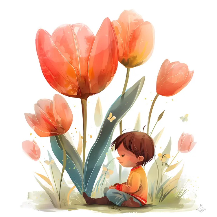 Little Boy Sitting by Giant Tulips