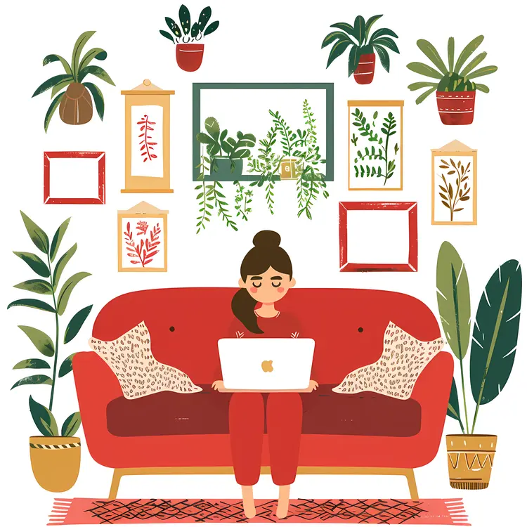 Woman Working on Laptop on Red Sofa