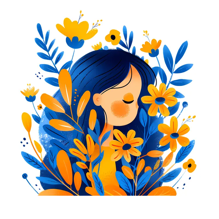 Girl with Flowers Cartoon Illustration