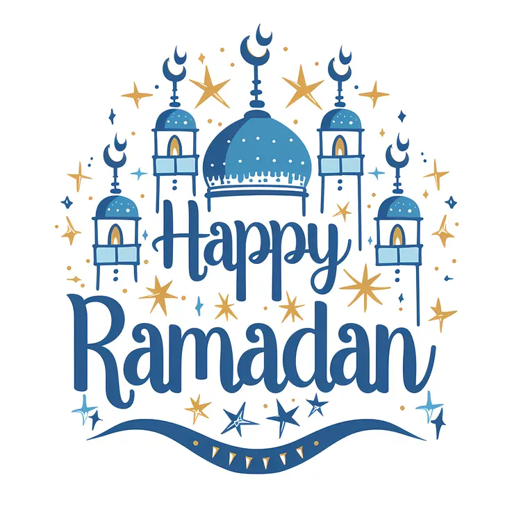Happy Ramadan with Blue Lanterns and Mosque