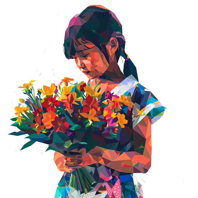 Geometric Art Girl with Ponytail Holding Flowers