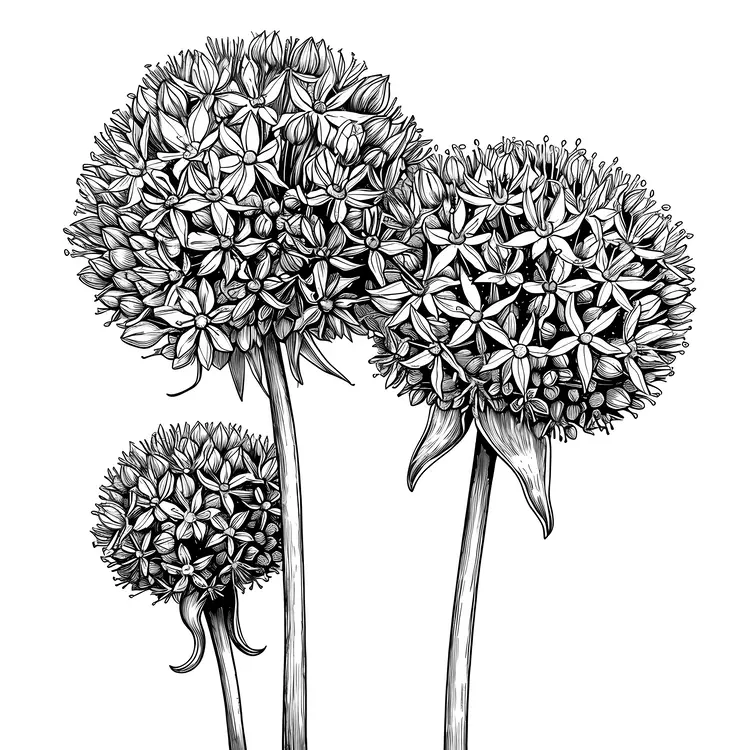 Black and White Allium Blossoms Illustration