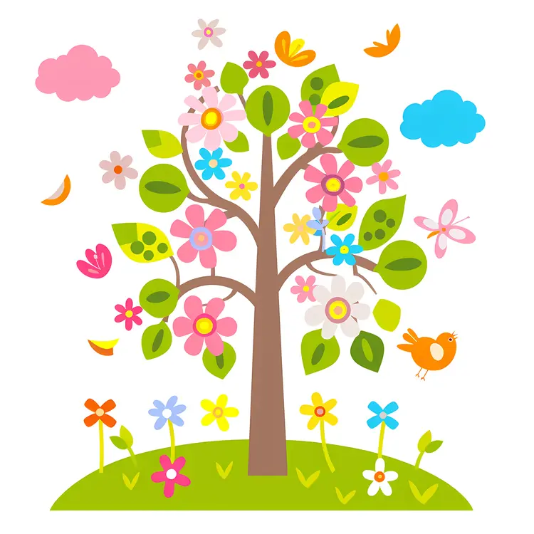 Colorful Flowering Tree with Birds