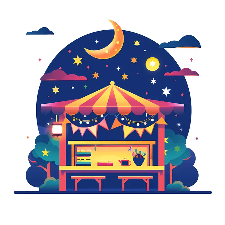 Night Market Food Stall with Stars and Moon
