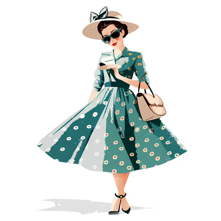 Vintage Woman in Floral Dress and Hat