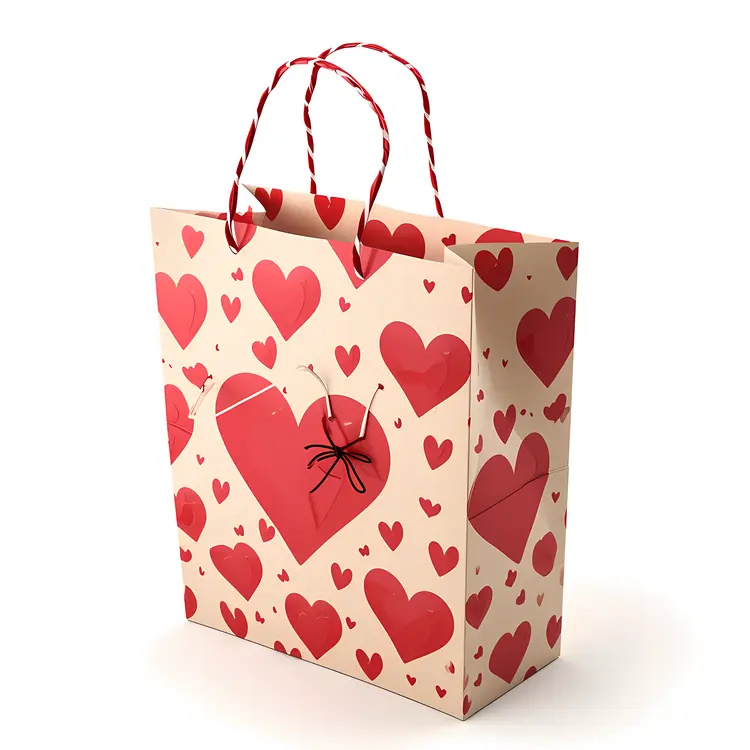 Beige Gift Bag with Red Hearts for Valentine's Day