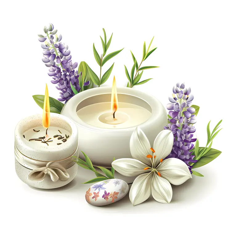Candles with Lavender and White Flowers for a Tranquil Environment