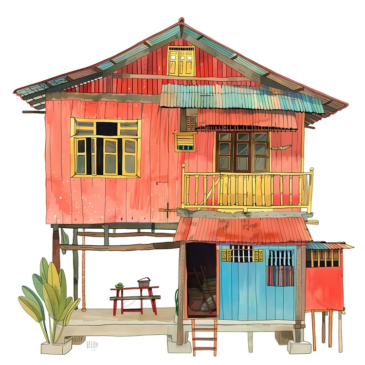 Red Wooden House with Balcony