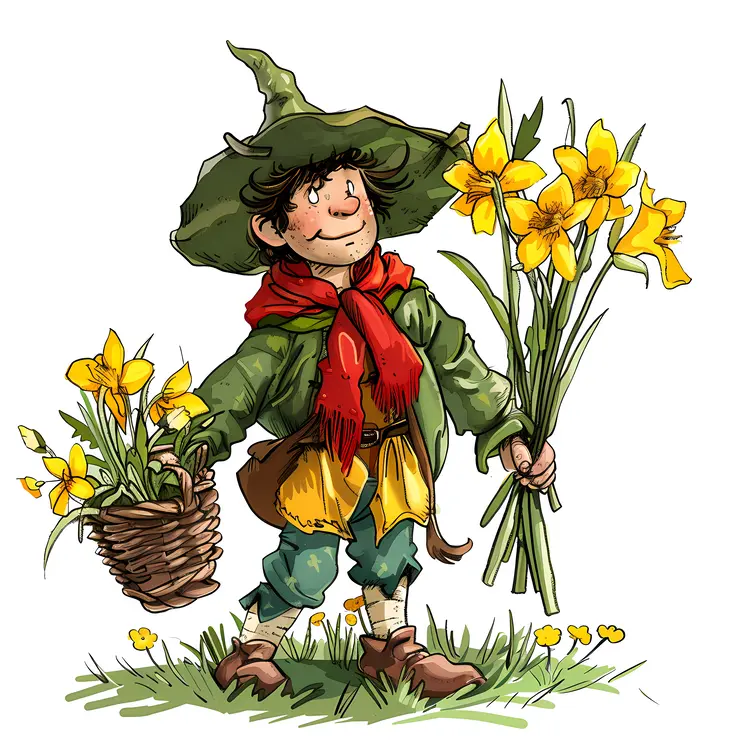 Elf in Green Hat Holding a Bunch of Yellow Flowers