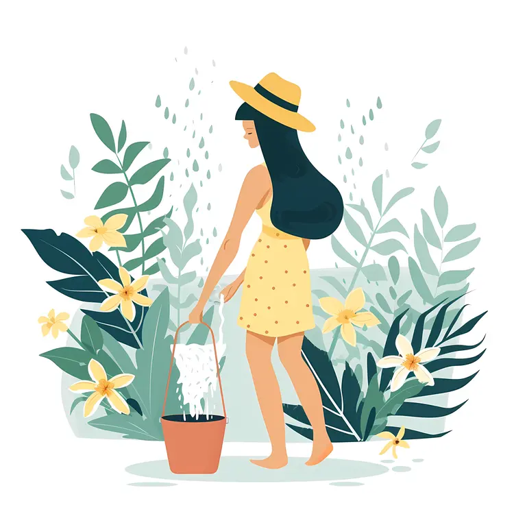 Girl Watering Flowers with Bucket