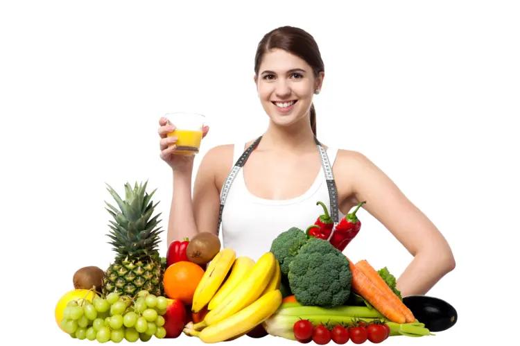Woman with Fresh Fruits and Juice