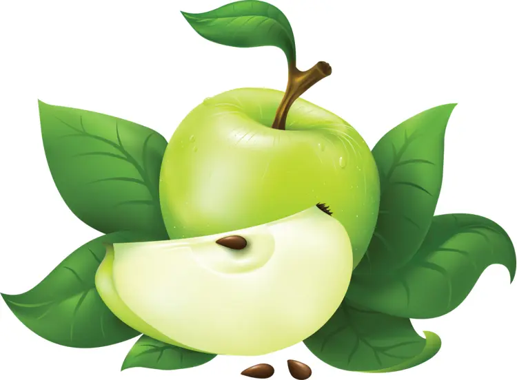 Green Apple with Slice and Leaves