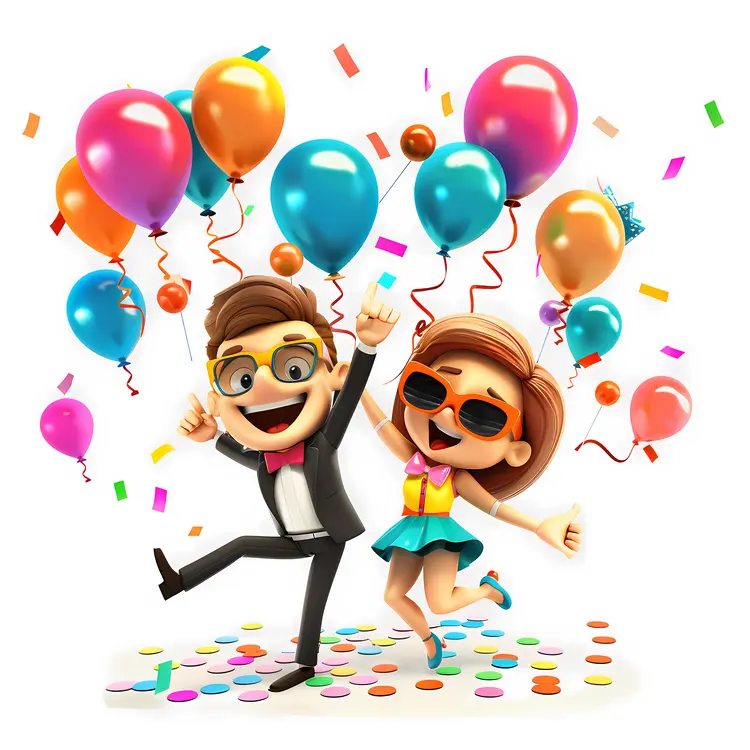 Couple Celebrating with Balloons and Confetti