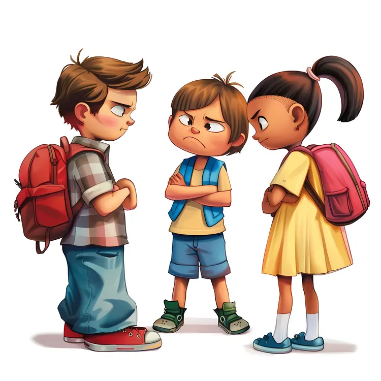 Three Angry Children with Backpacks