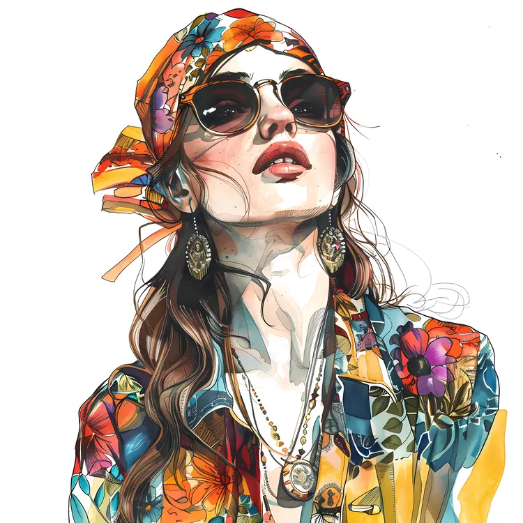 Bohemian Woman in Colorful Floral Outfit with Sunglasses