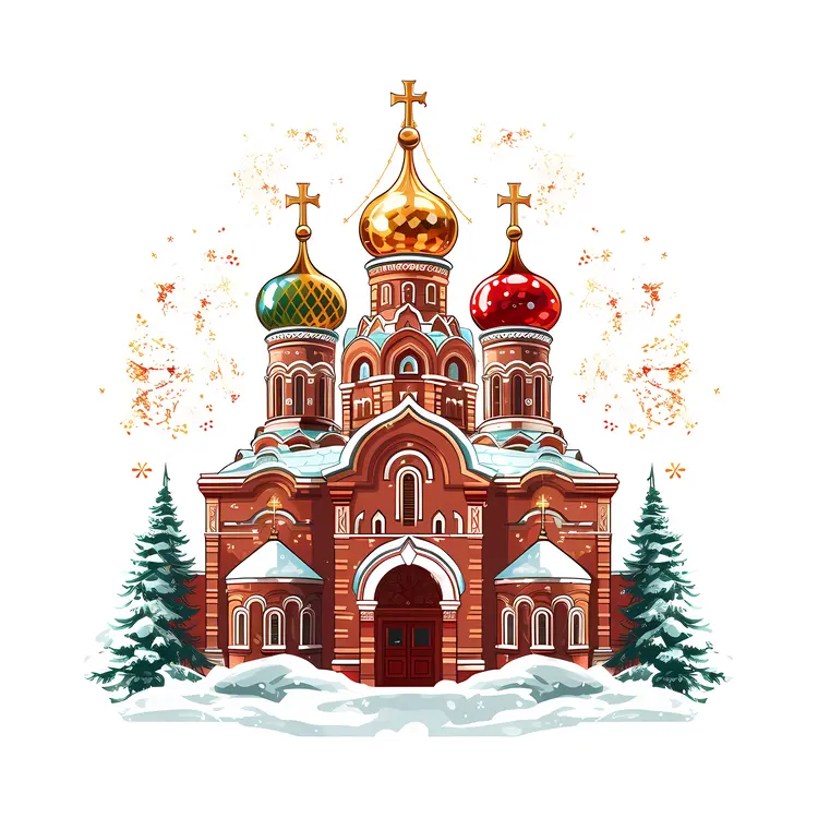 Snowy Church with Colorful Domes