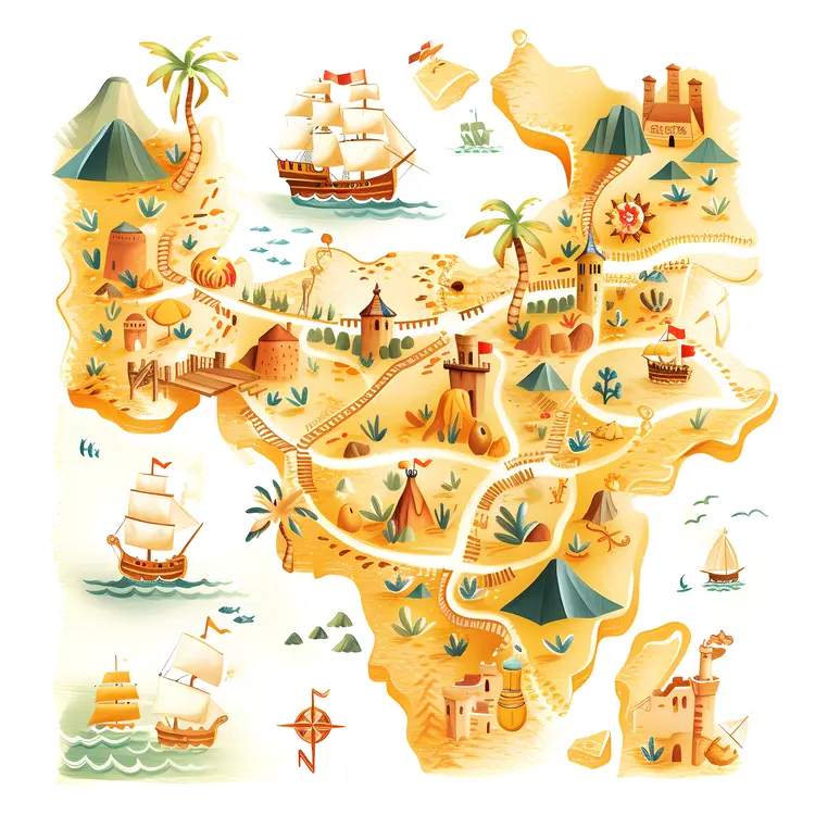 Colorful Treasure Map with Island and Ships