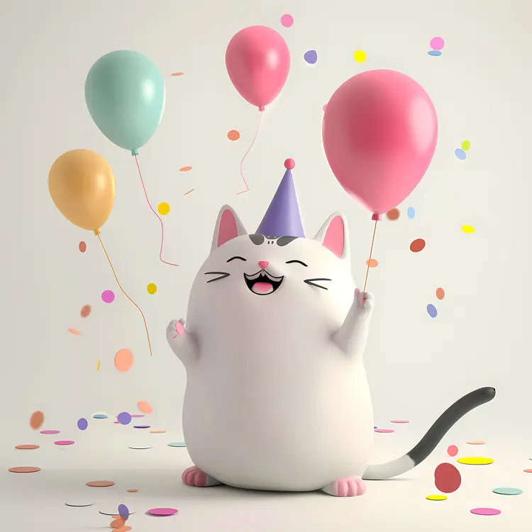 Cute Cat Celebrating with Balloons and Confetti