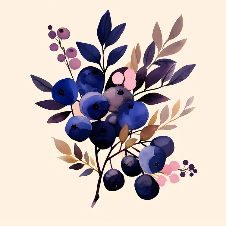 Watercolor Blueberries with Leaves