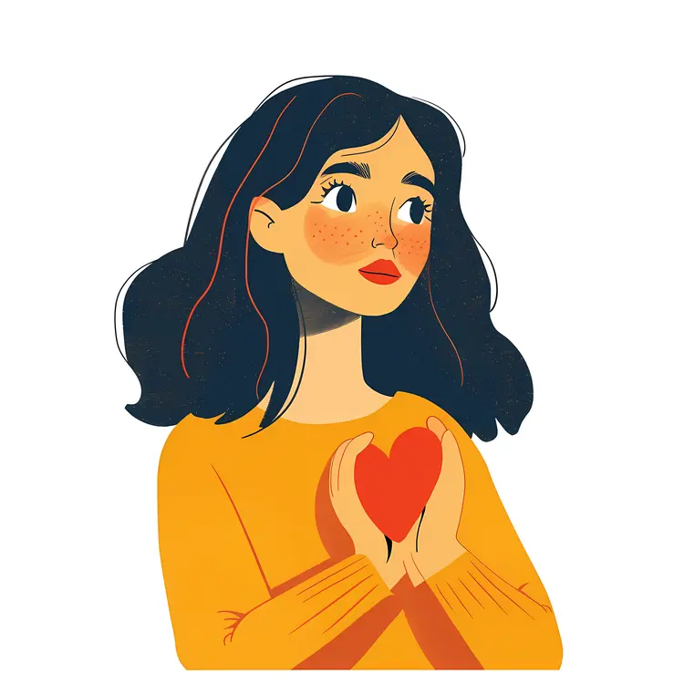 Serious Woman Holding a Heart Illustration
