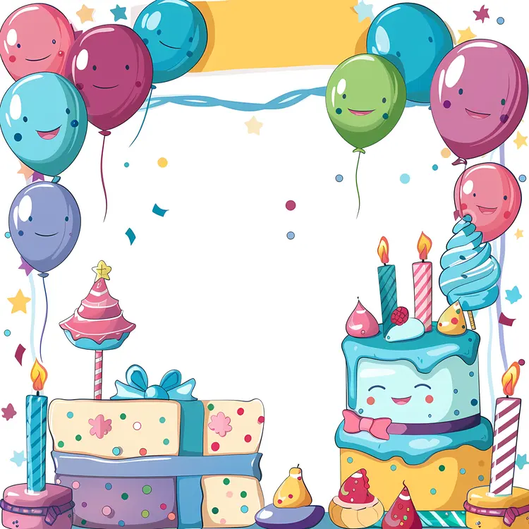 Colorful Birthday Frame with Balloons and Cake