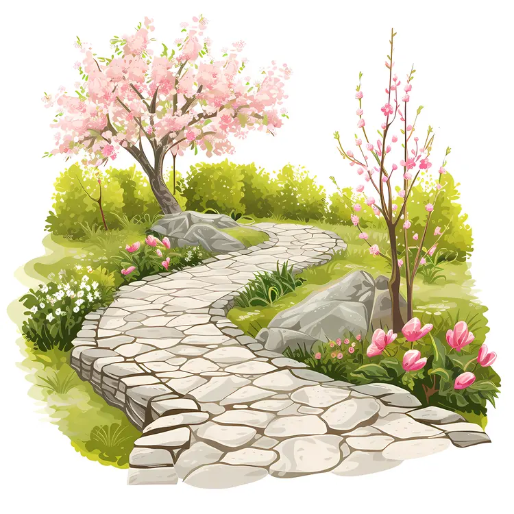 Stone Path with Pink Blossoming Trees