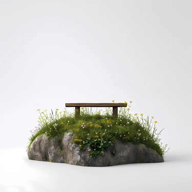 Wooden Bench on Grass with Flowers