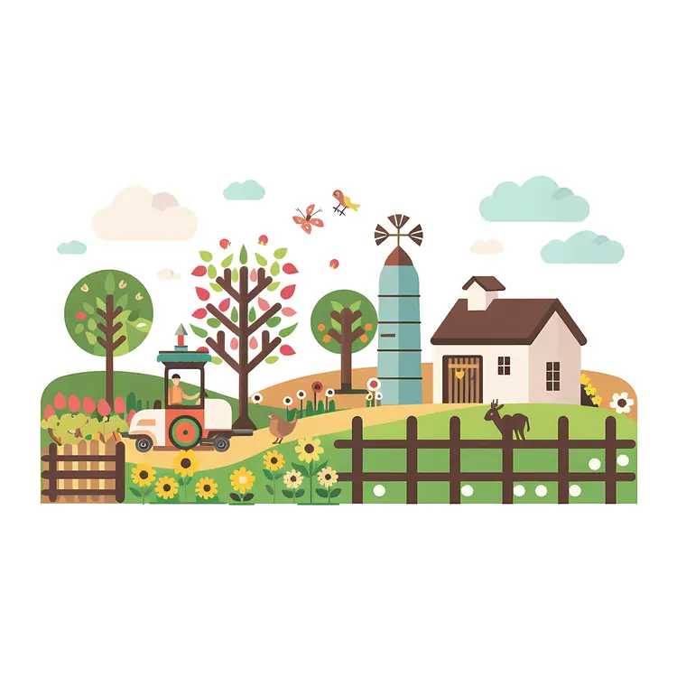 Farmhouse with Tractor and Silo