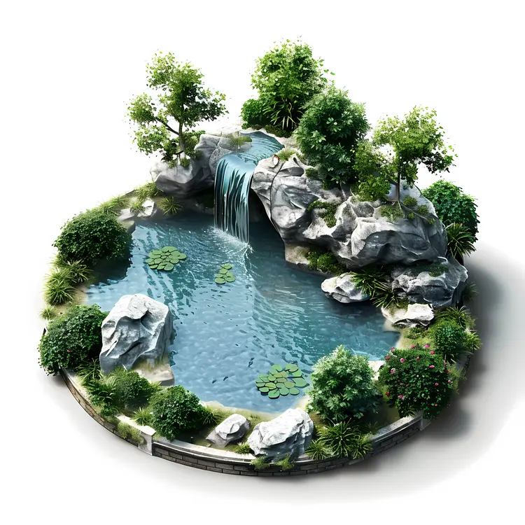 Pond with Waterfall and Rocky Surroundings