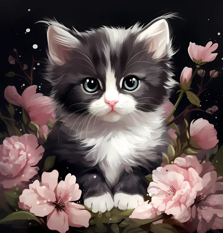 Cute Kitten with Pink Flowers