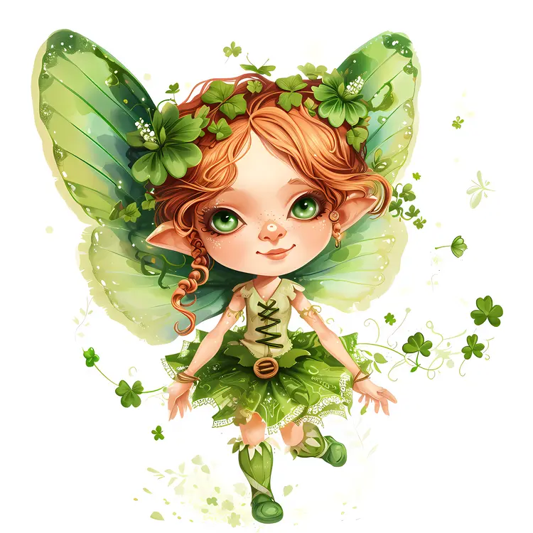 Adorable Green Fairy with Clover and Wings