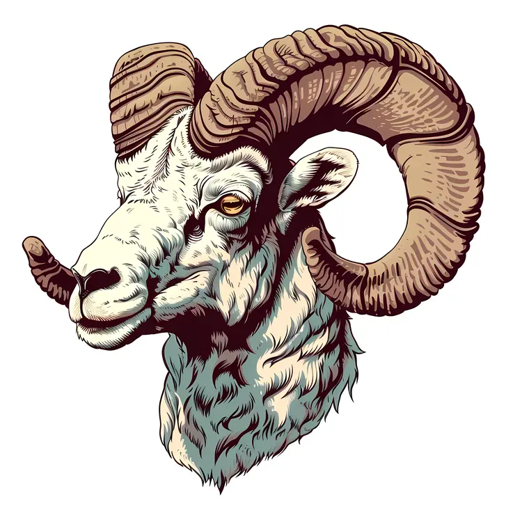 Illustration of a Ram Head with Large Curved Horns