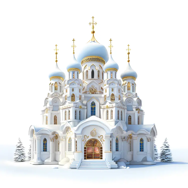 Snowy Church with Blue Domes