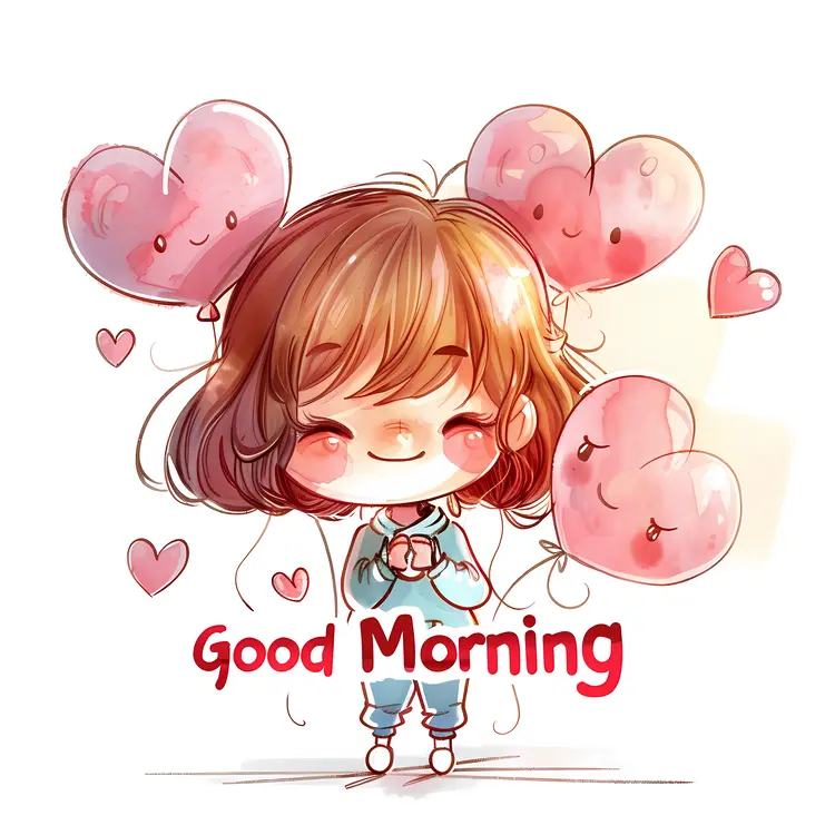 Adorable Good Morning with Girl and Heart Balloons