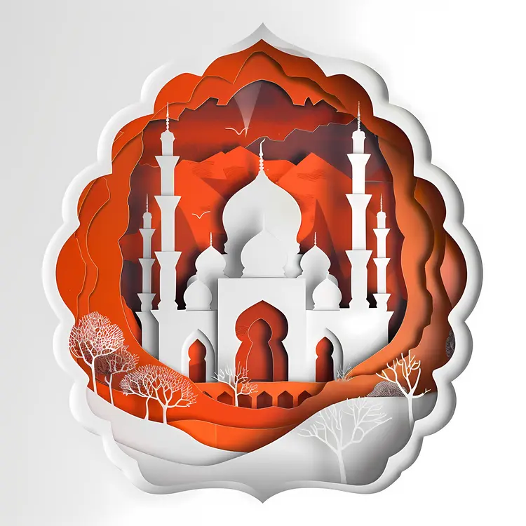 Red Mosque with Trees and Mountains
