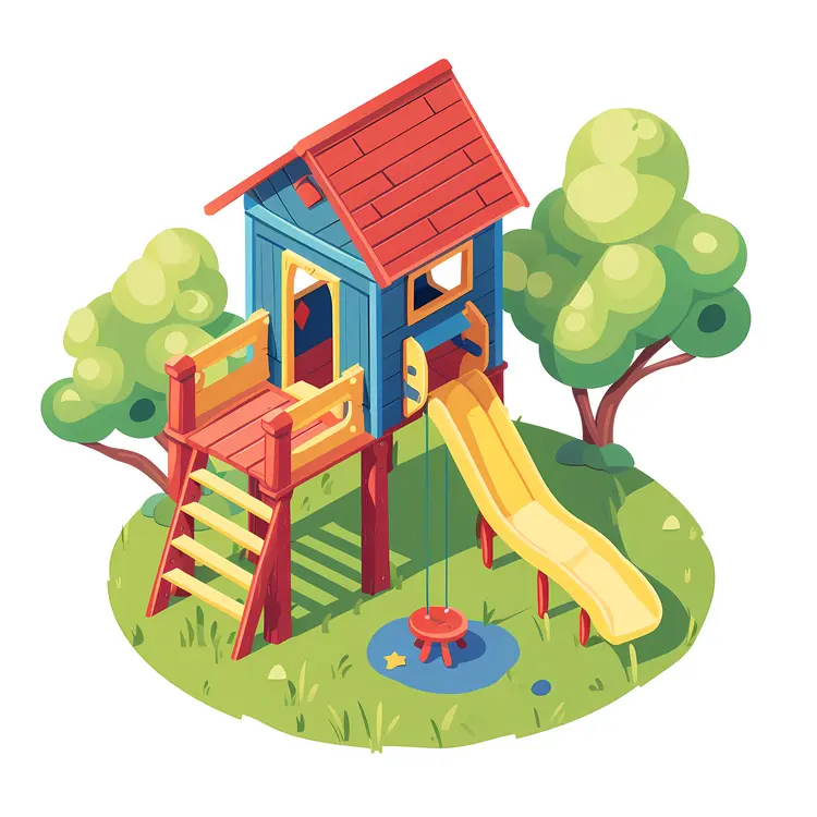 Playful Blue and Red Treehouse with Slide and Green Trees