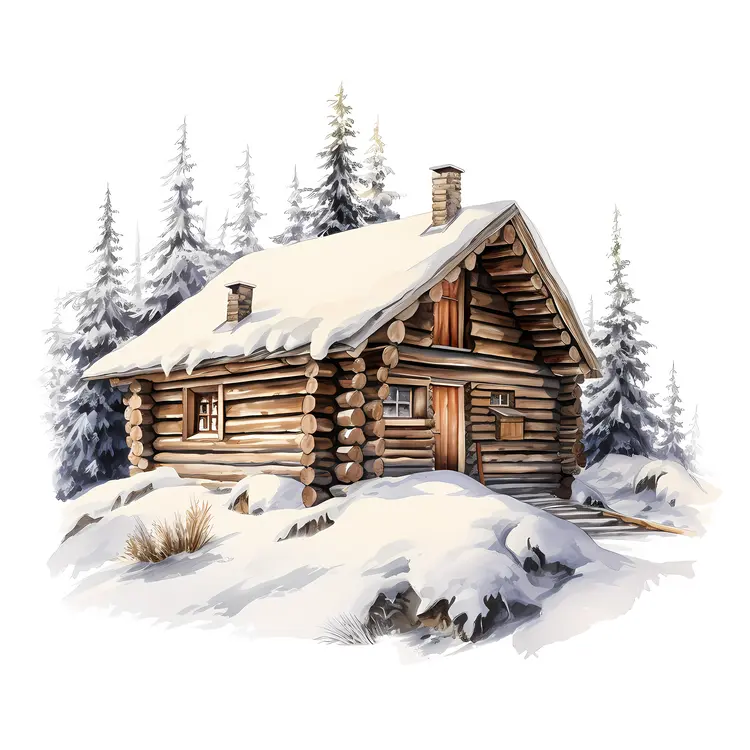 Snowy Log Cabin in the Forest