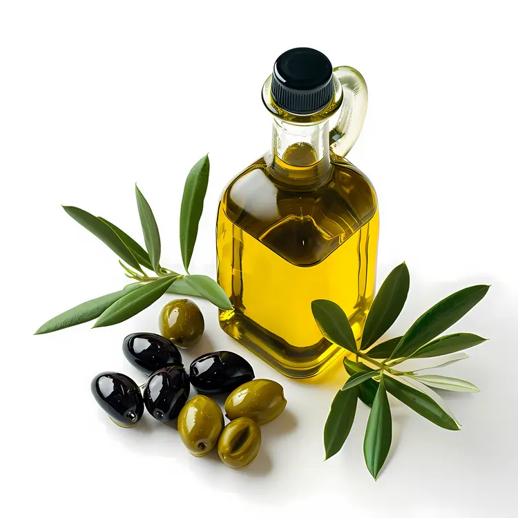 Olive Oil Bottle with Olives and Leaves