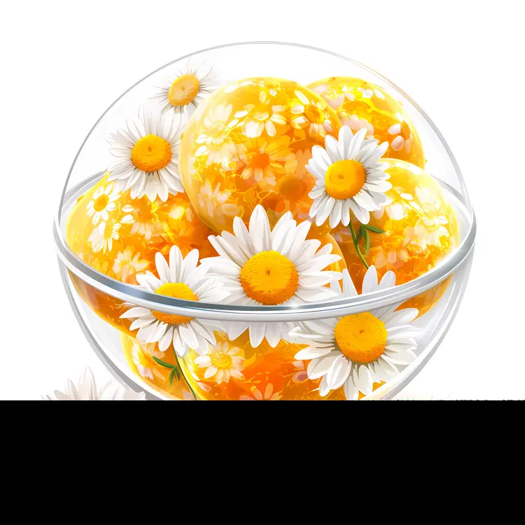 White Balls with Daisies in Glass Bowl