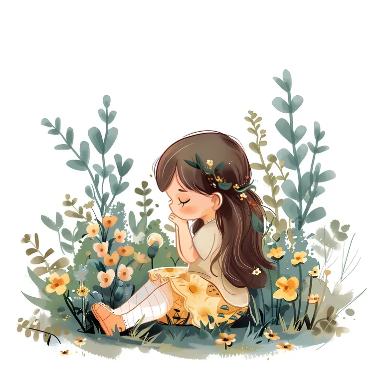 Girl Sitting with Flowers in Her Hair