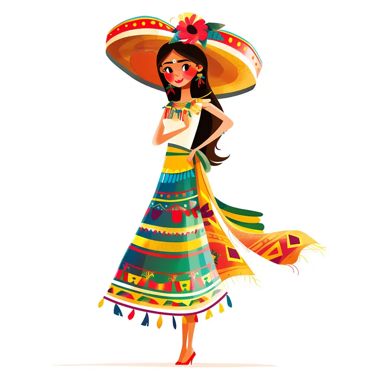 Girl in Colorful Traditional Mexican Dress with Hat