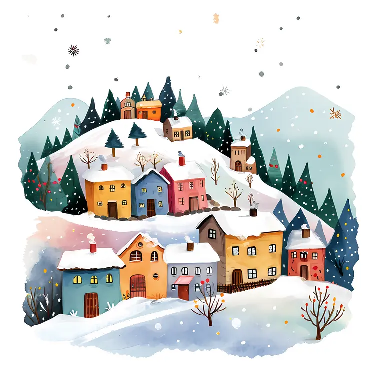 Snowy Village with Mountains