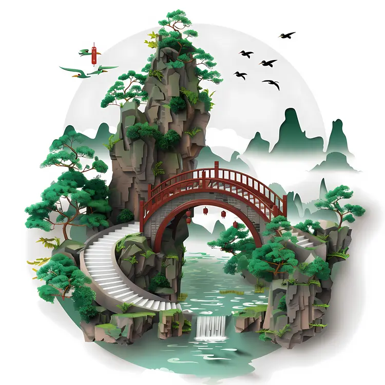 Beautiful Mountain Bridge Landscape Painting
